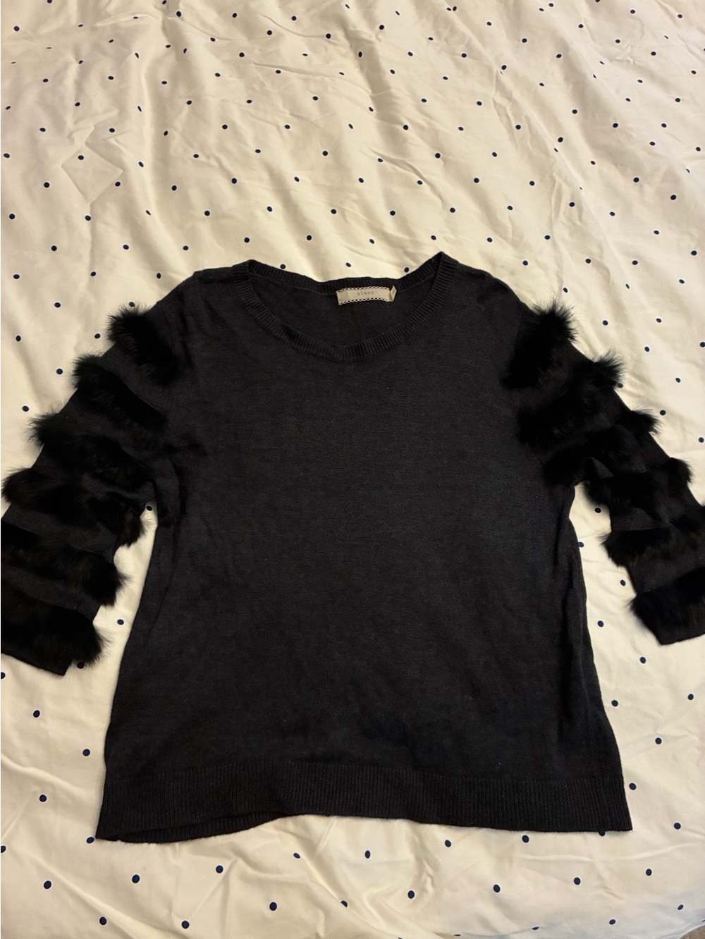 Women's Black Crewneck Sweater with Faux Fur Tiered Sleeves